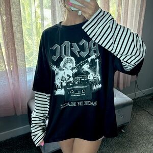 AC/DC shirt with black and white stripe sleeve design